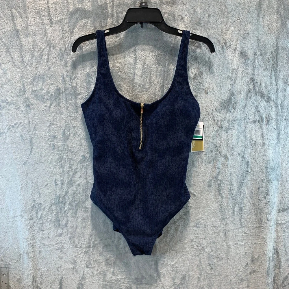 Michael Kors Womens Midnight Blue Textured Zip Front One Piece Swimsuit Size 16